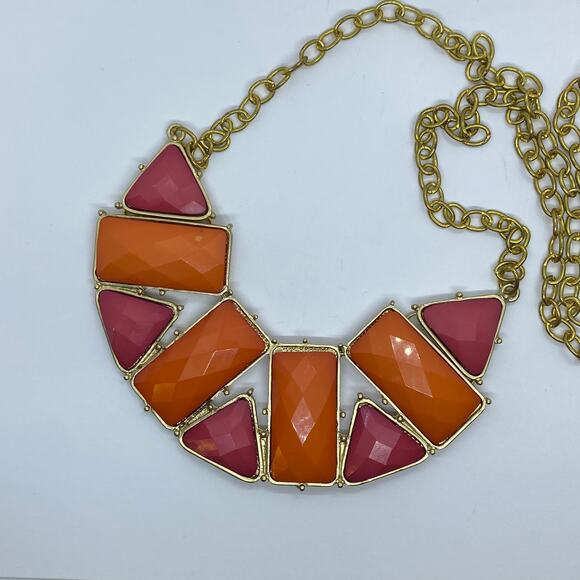 Gold-Tone Pink Orange Pendant Statement Necklace - Picture 6 of 8